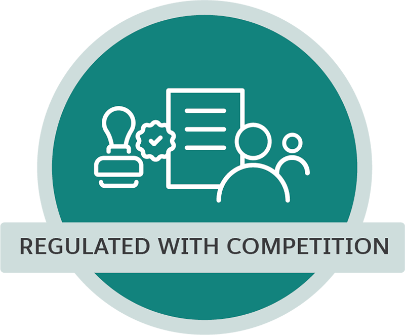 A stamp, document, and people symbol representing regulated competitive markets.