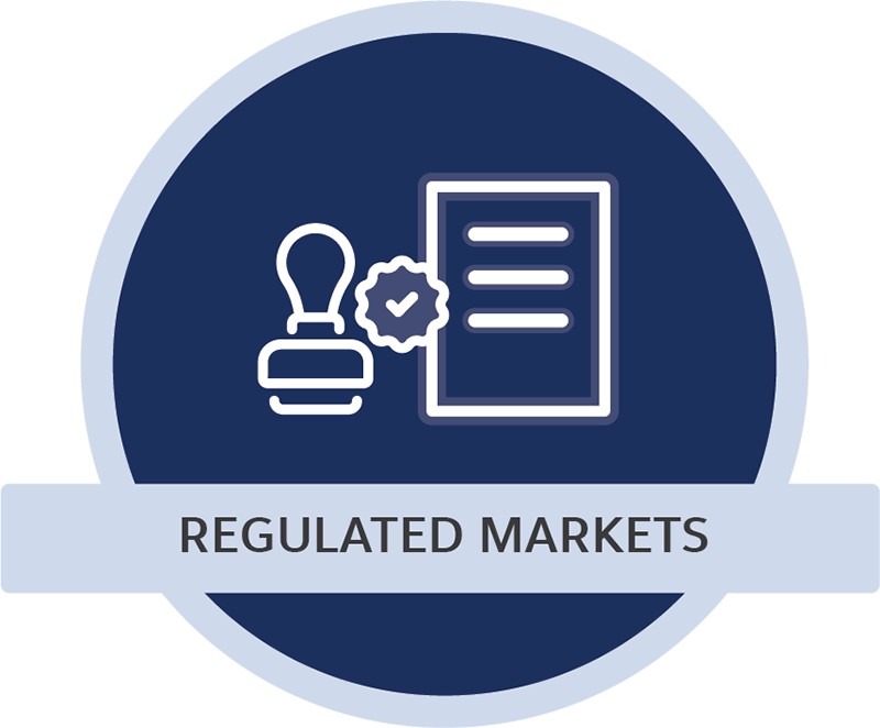 A stamp and document symbol representing regulated markets.