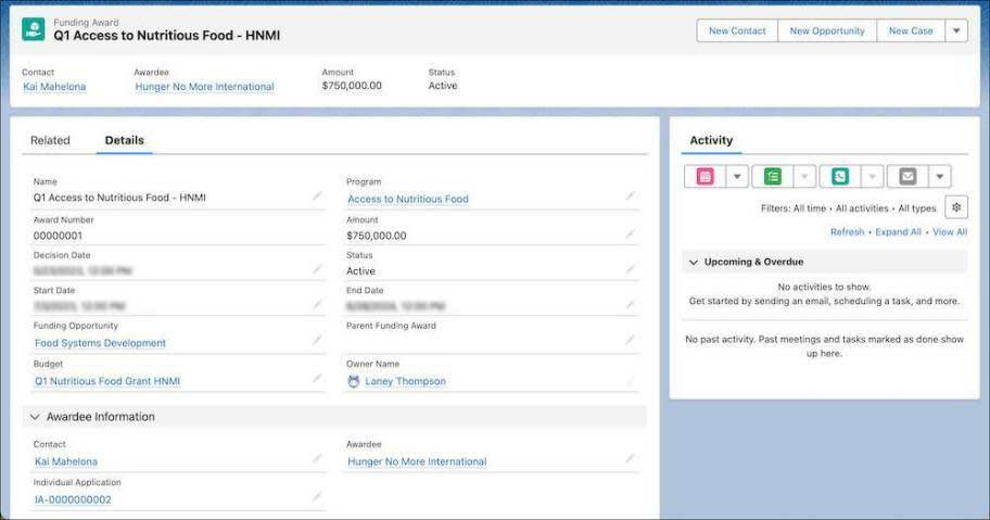 The Details tab of a funding award includes the amount of the award and awardee information.