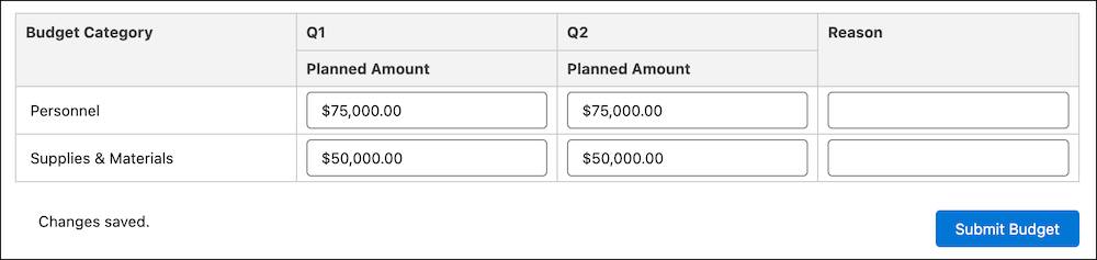 A budget table with rows for budget categories and columns for Q1, Q2, and Reason.