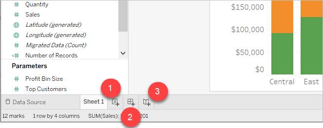 Parte inferior de la interfaz de Tableau que muestra cómo añadir una hoja, un dashboard o una historia