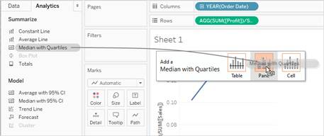 Instantánea de Tableau Desktop del panel Analytics (Análisis) que muestra el área Summarize (Resumir), el área Model (Modelo) y el área Custom (Personalizar).