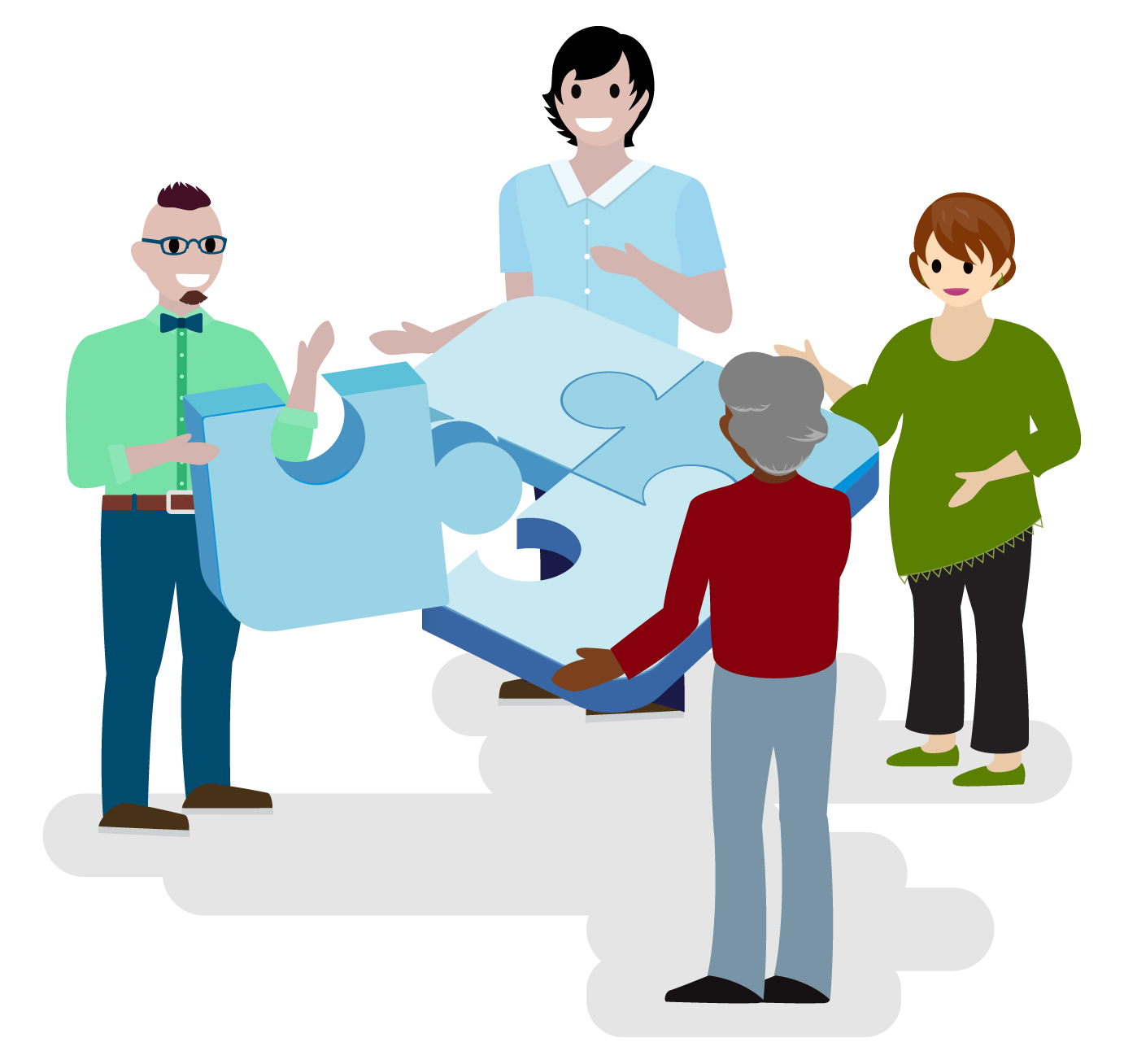 A team of people are each bringing a piece of a puzzle to solve a problem.