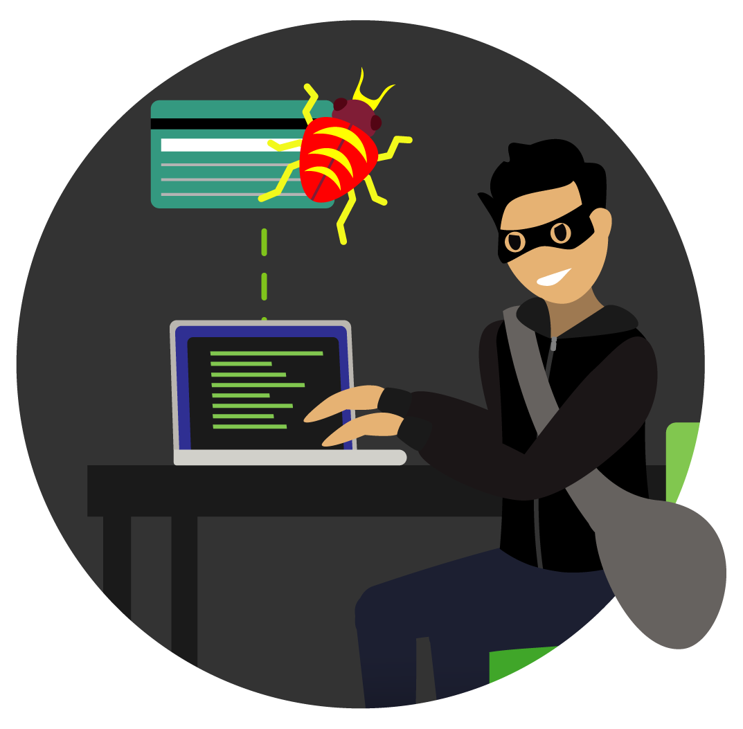 A cybercriminal is on a computer stealing credit card information from a computer system.