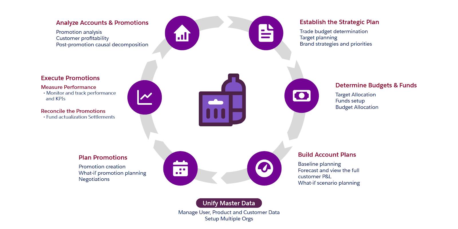 The phases of the trade promotion management cycle: strategic planning, fund management, account planning, unifying master data, promotion planning, promotion execution, and post-event analysis.
