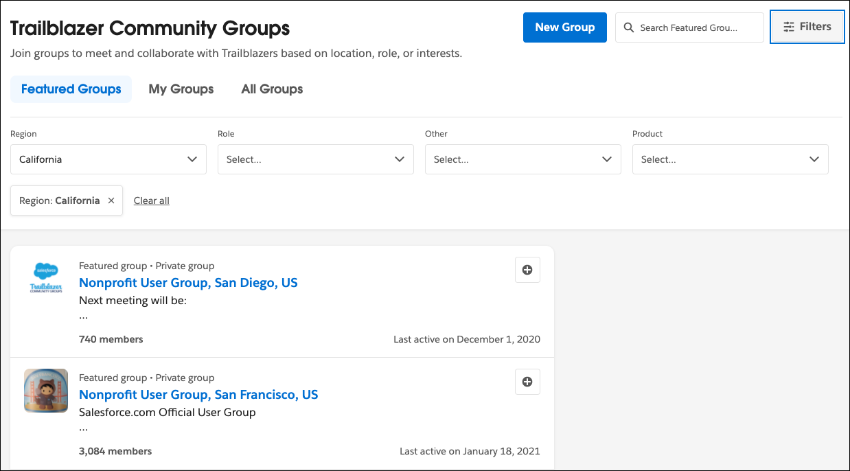The Featured Groups tab in the Trailblazer Community with one filter (Region: California) selected