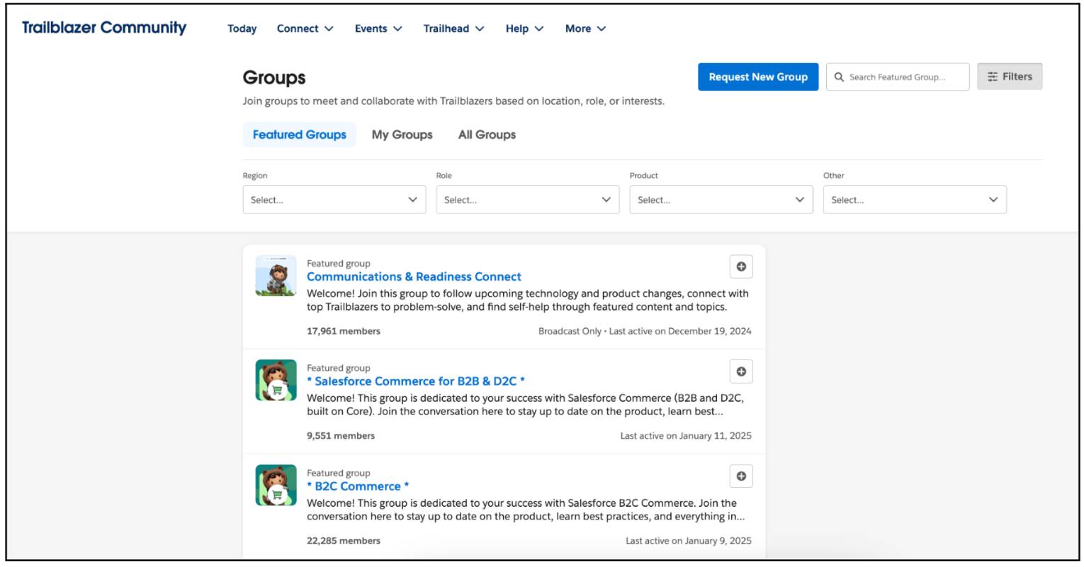 La ficha Grupos destacados de Trailblazer Community, con un filtro seleccionado (Región: California)