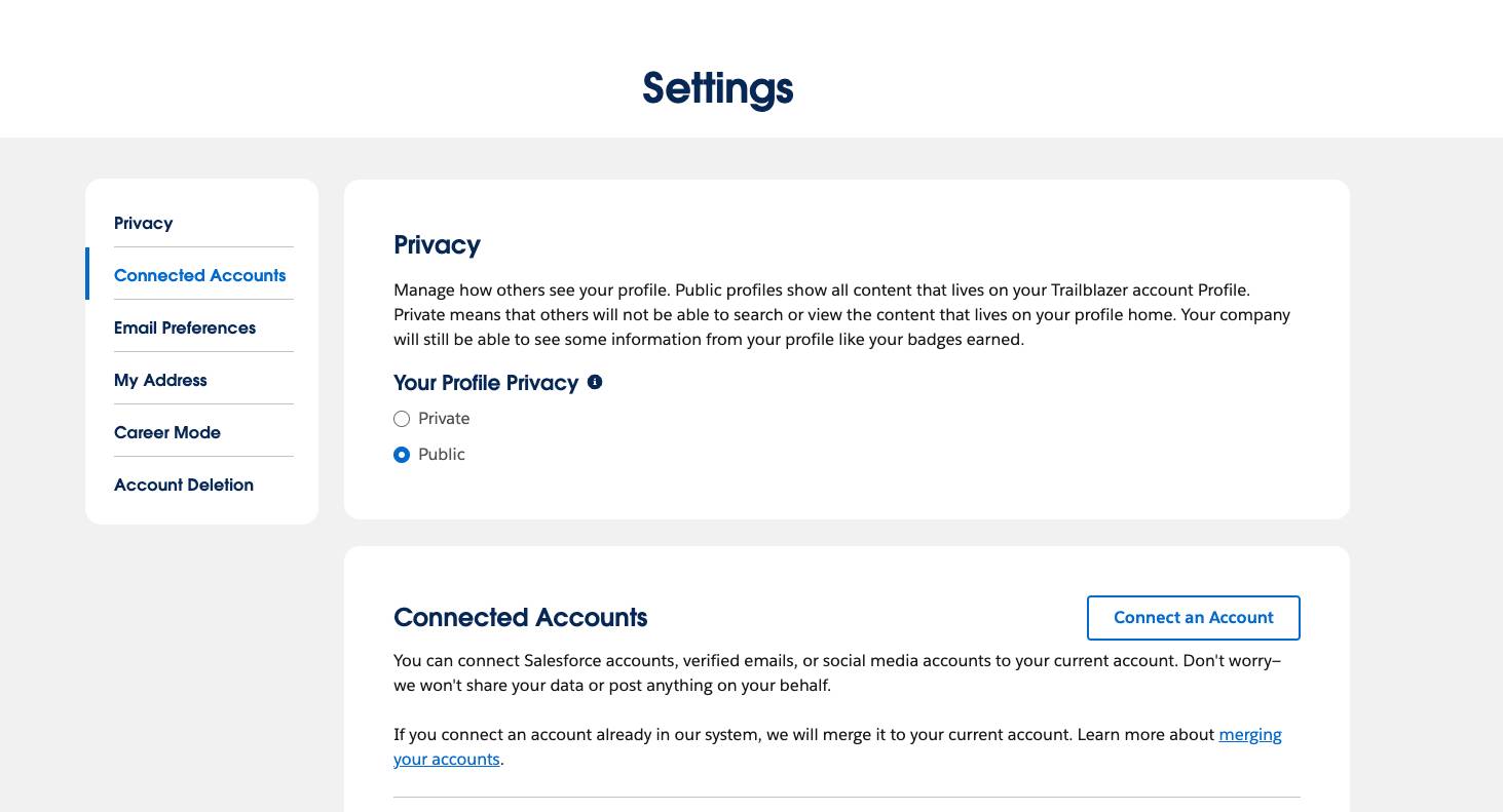 The Trailhead Setting page includes sections like Privacy and Connected Accounts.