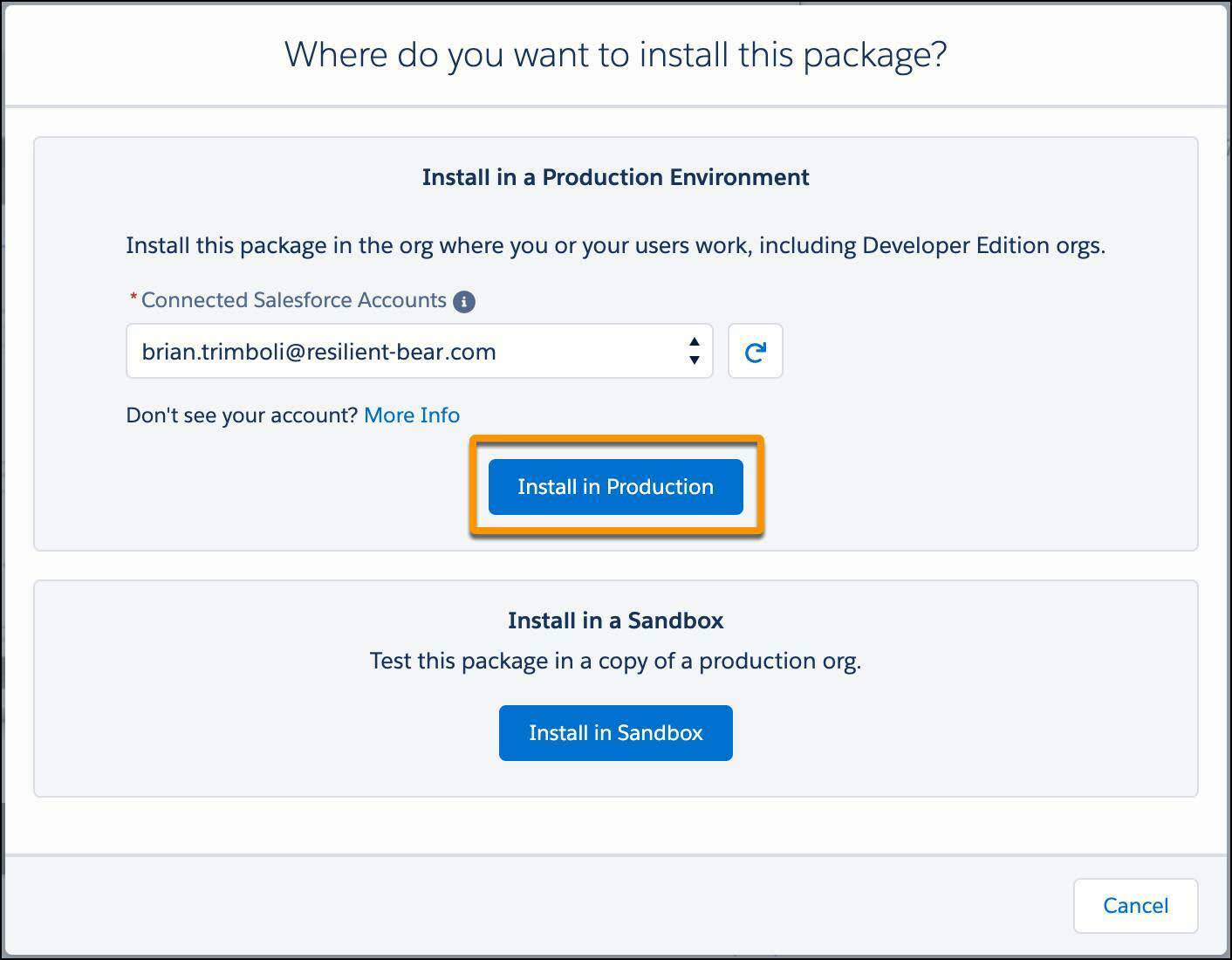 La finestra di dialogo Where do you want to install this package (Dove si desidera installare questo pacchetto) di AppExchange, con un Trailhead Playground selezionato e il pulsante Install in Production (Installa in produzione) in evidenza