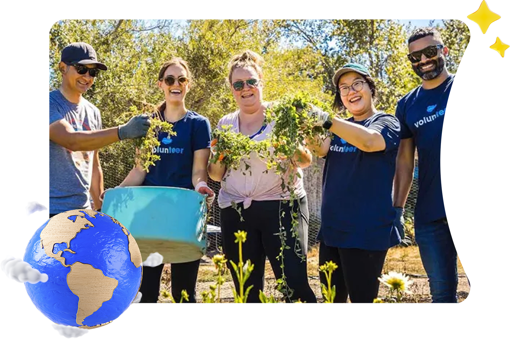 five volunteers working together outdoors.