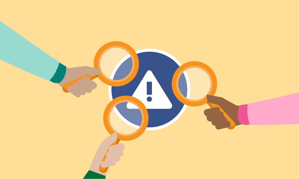 Three hands holding magnifying glasses focus on a warning sign with an exclamation mark inside a triangle.