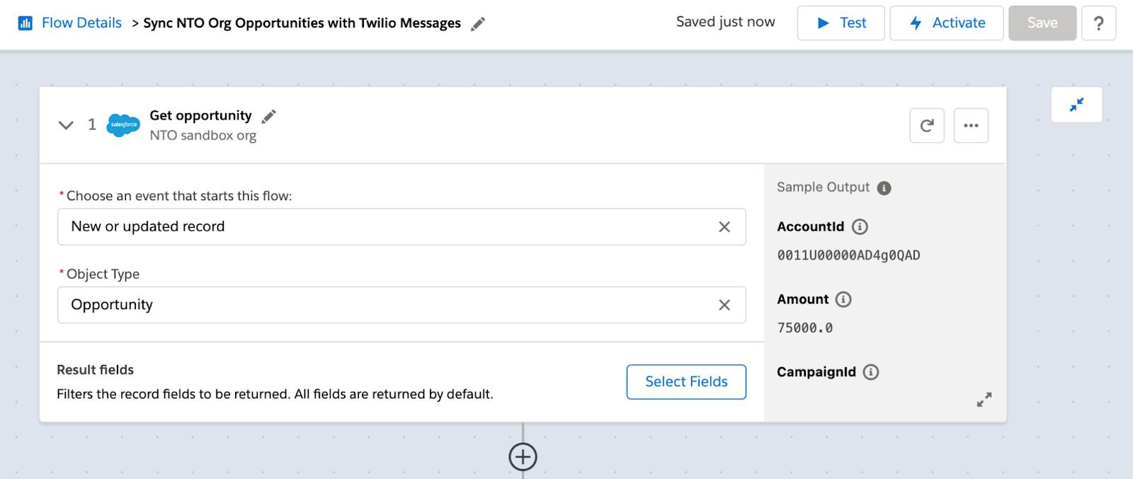 Step 1 of flow showing new or updated opportunity as the trigger.