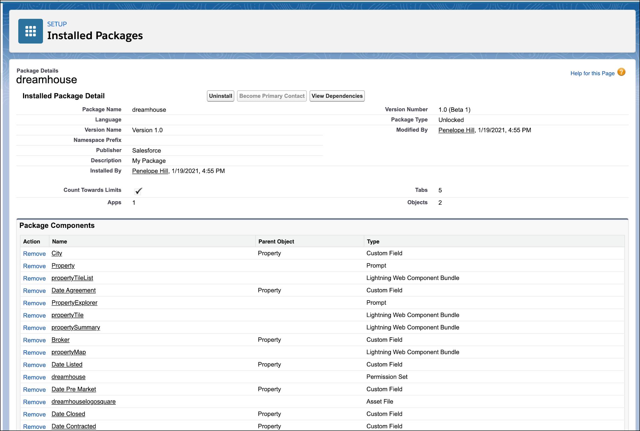 When you click View Components for dreamhouse, you see a list of all package components.