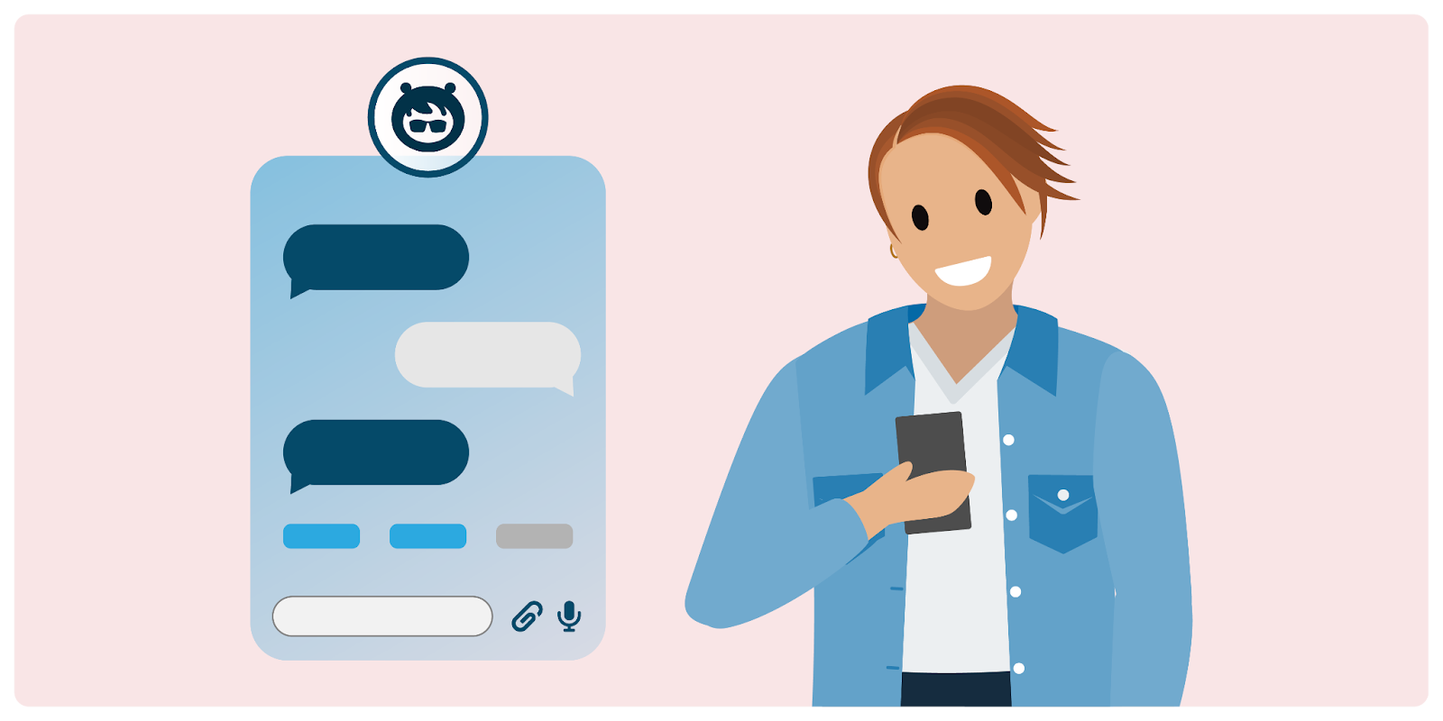 A smiling customer holding a mobile phone and messaging with an Agentforce agent.