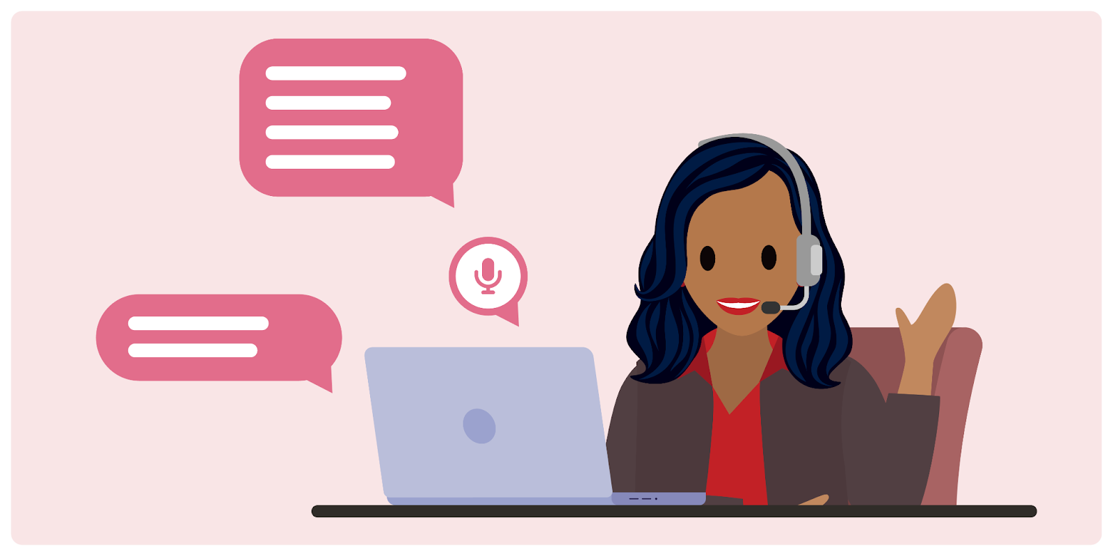 A service rep at a desk with a laptop sending text messages and voice recordings.