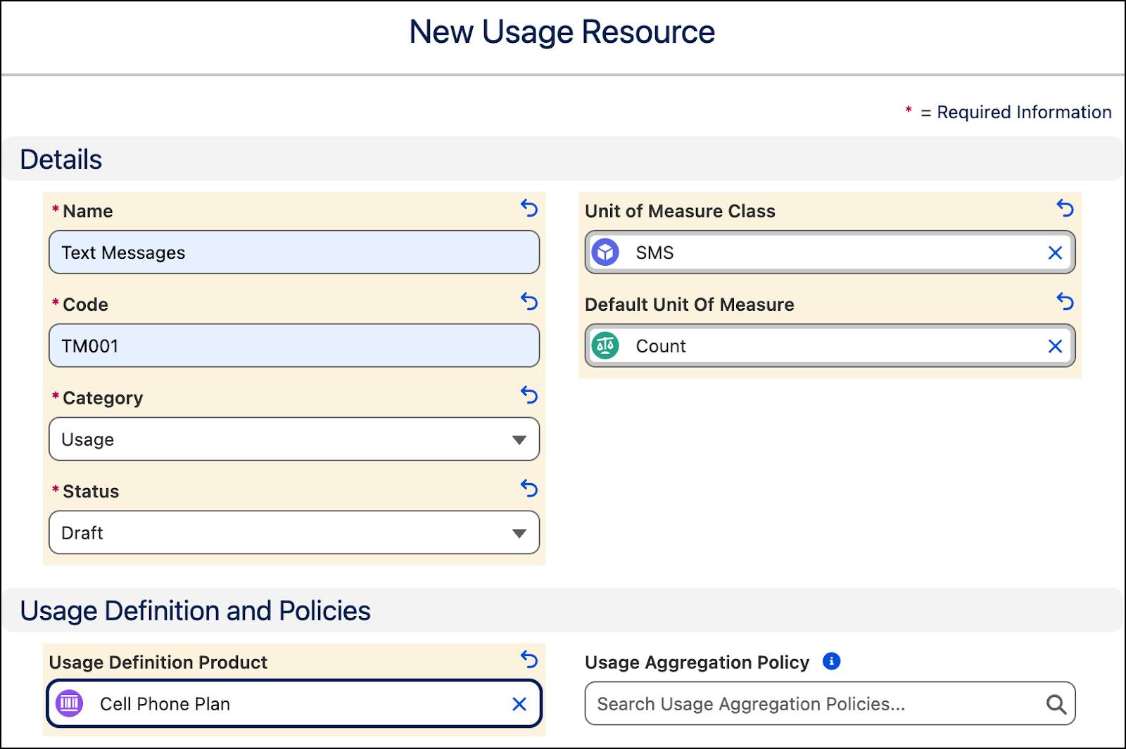 The New Usage Resource page.