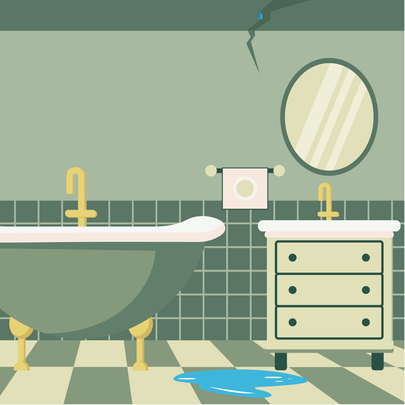 Water dripping from the ceiling onto the floor of Ms. Lucy Todd’s bathroom.