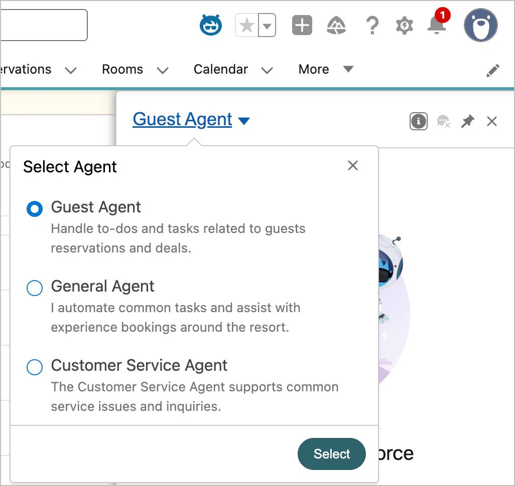 The Select Agent menu showing you the agents available to you.