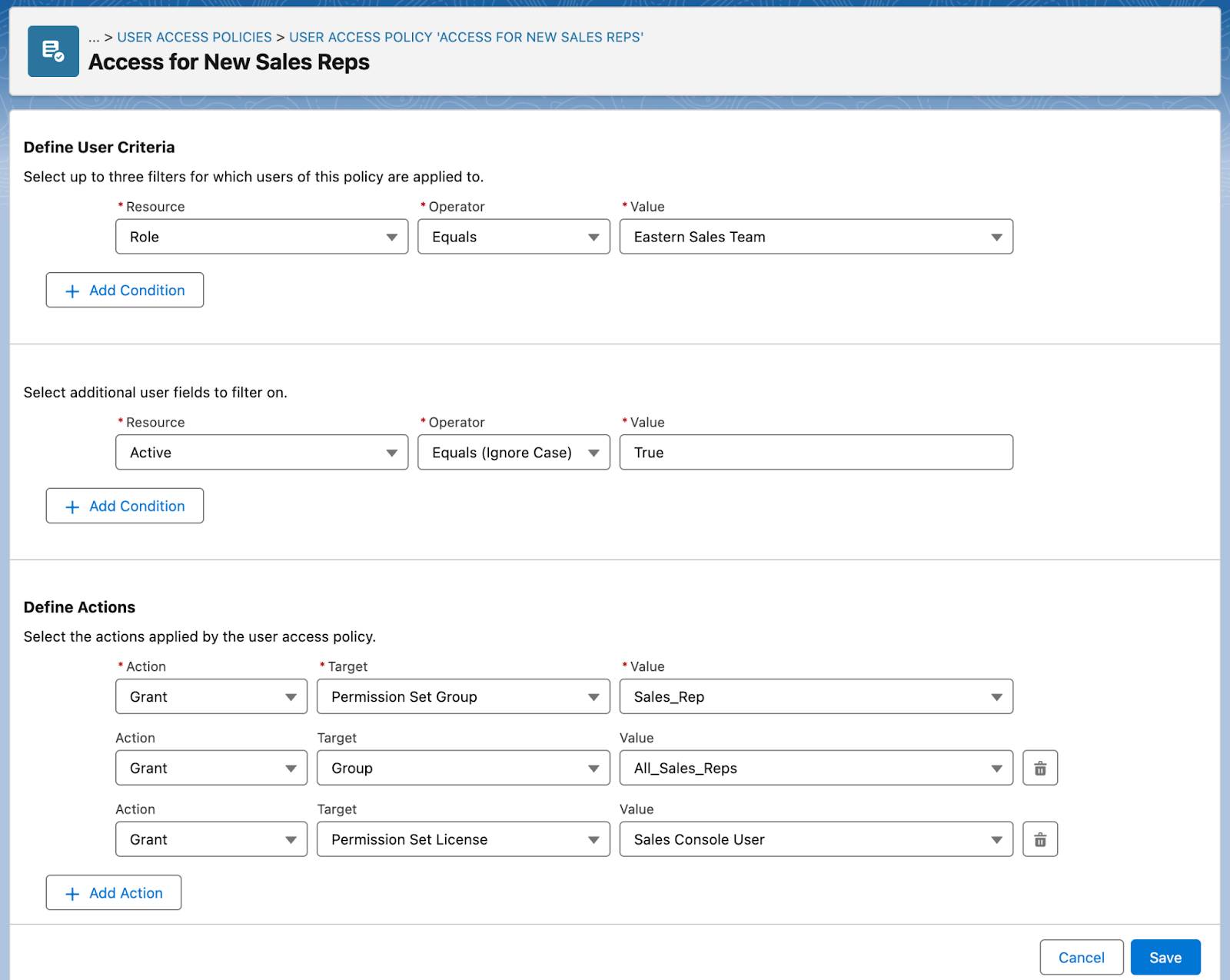 Setup screen for setting user criteria and actions in a user access policy.