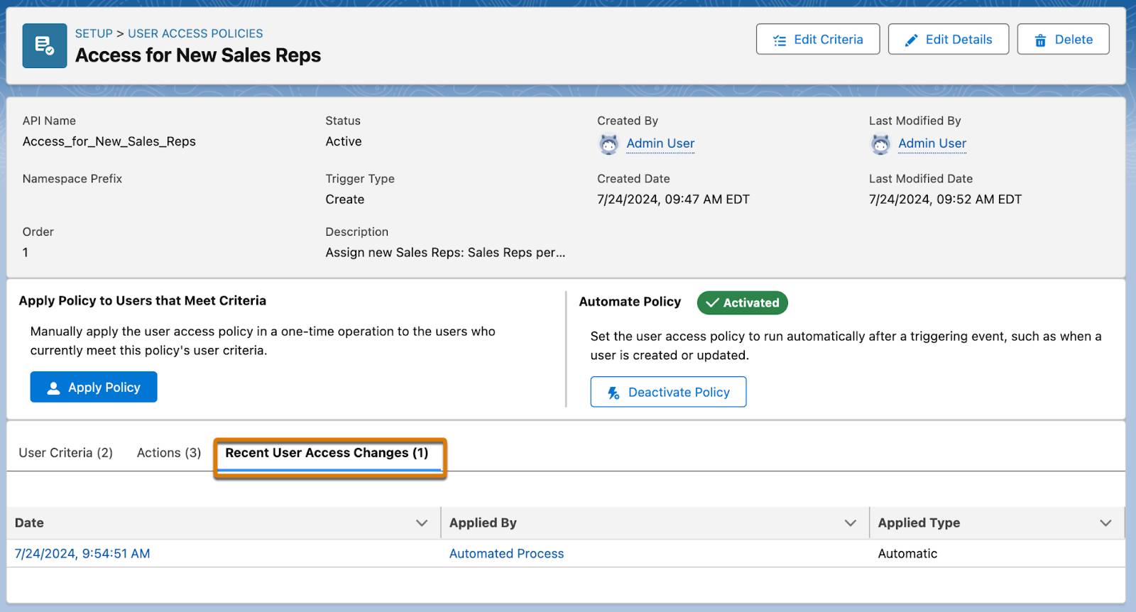 Recent User Access Changes tab on the user access policy’s detail page.