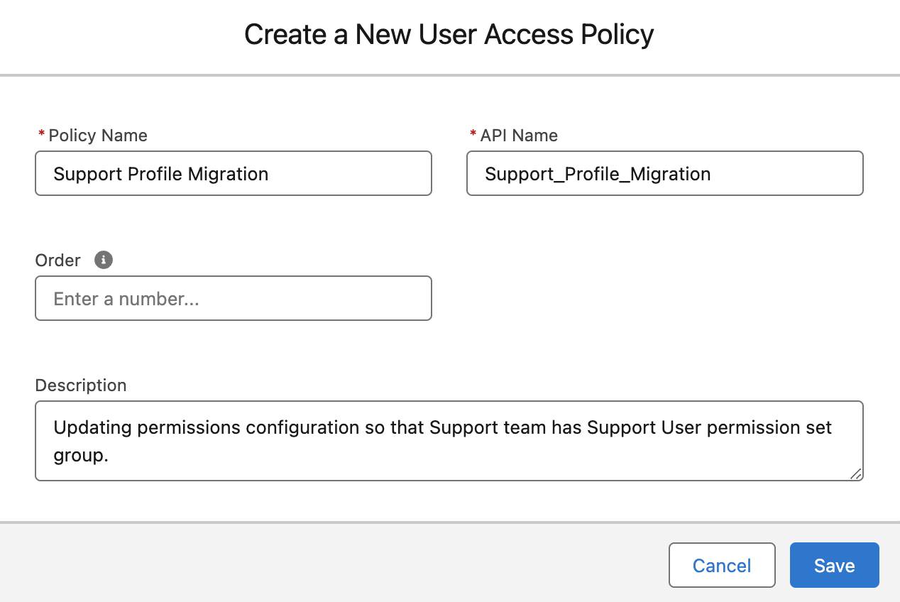 Setup screen for creating a new user access policy.