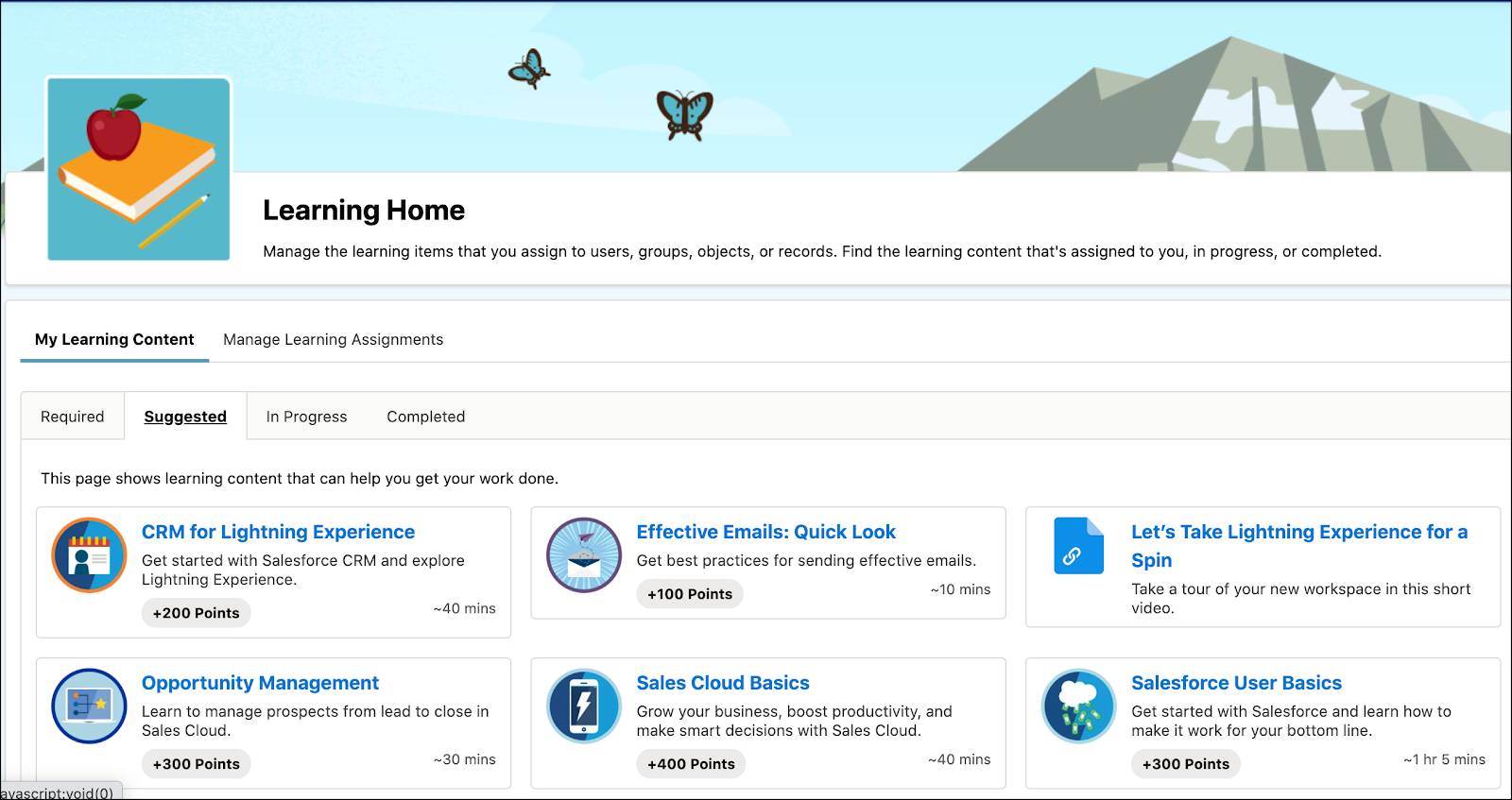 Page Learning Home (Accueil de l’apprentissage) avec des suggestions de ressources d’apprentissage.