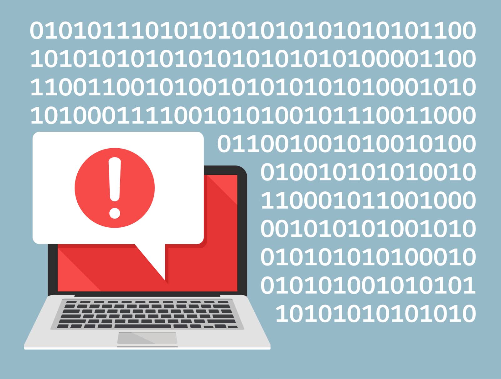 A long list of zeros and ones with an open laptop with a red screen and a large red exclamation mark
