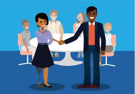 Illustration of a Veteran, professionally dressed, shaking hands with an interviewer as she enters a room for a job interview panel.