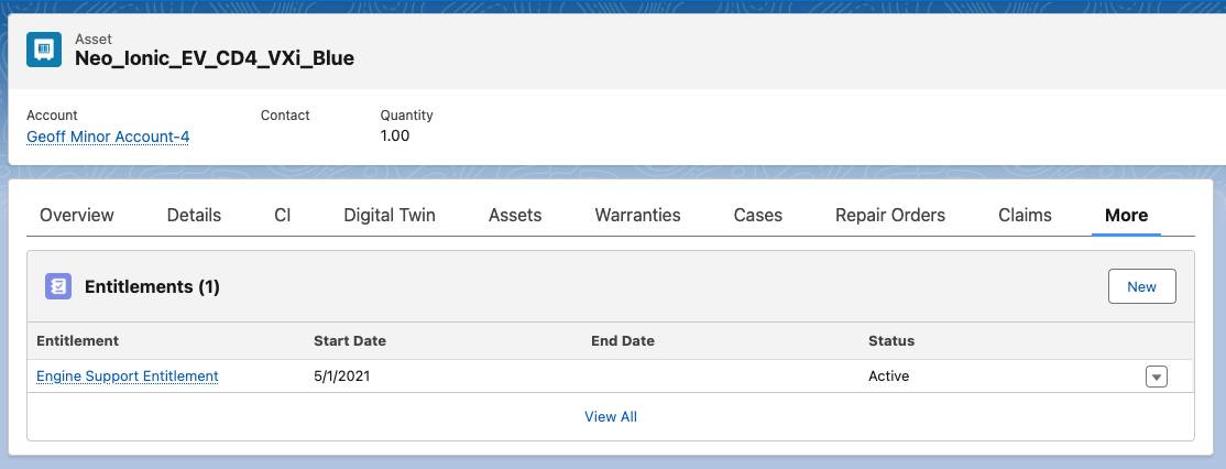 The Entitlements related list on the More tab of an asset record.