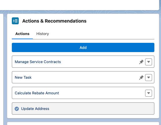 The Actions & Recommendations component shows quick actions and flow actions.
