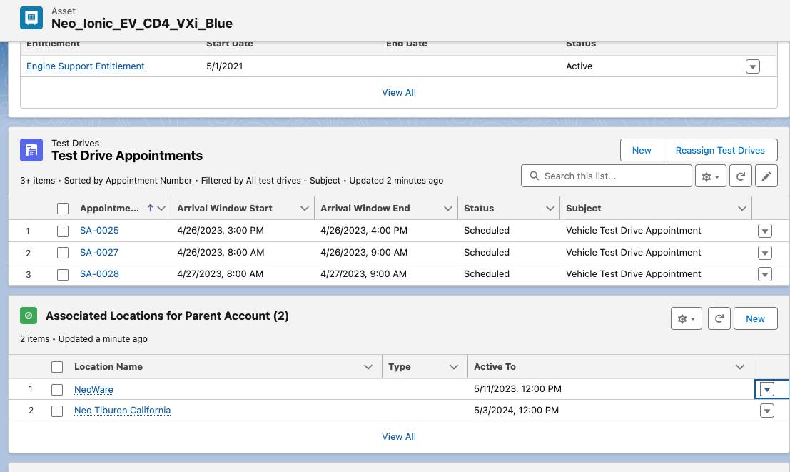 The Test Drive Appointments related list on the More tab of an asset record.