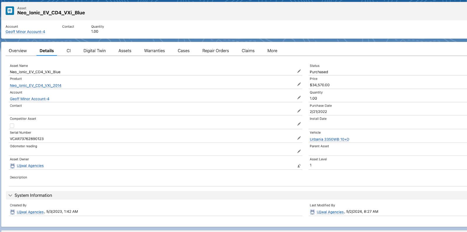 : An Asset record for the Neo Ionic EV CD4 VXi Blue vehicle.