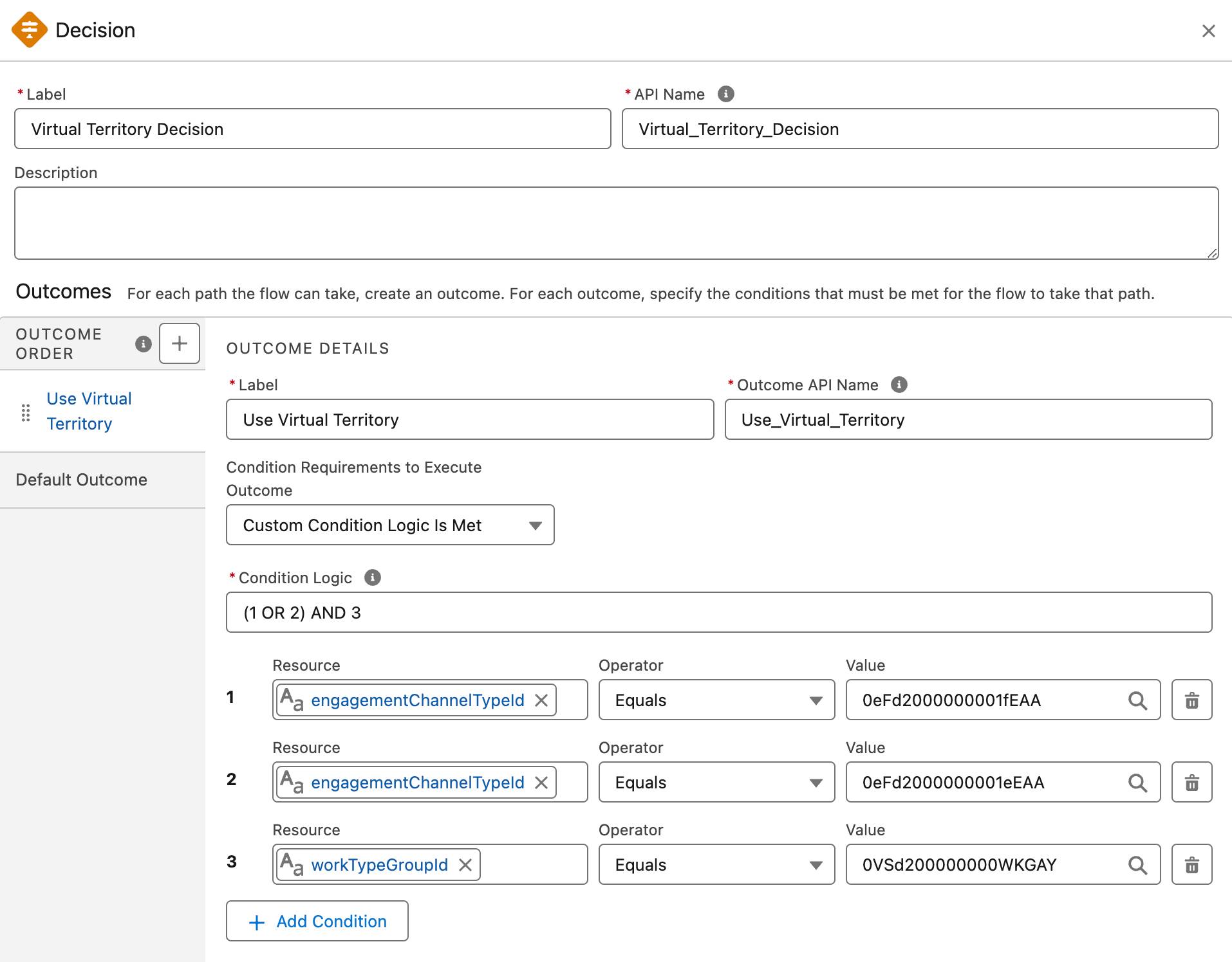The Decision panel with conditions and condition logic entered.