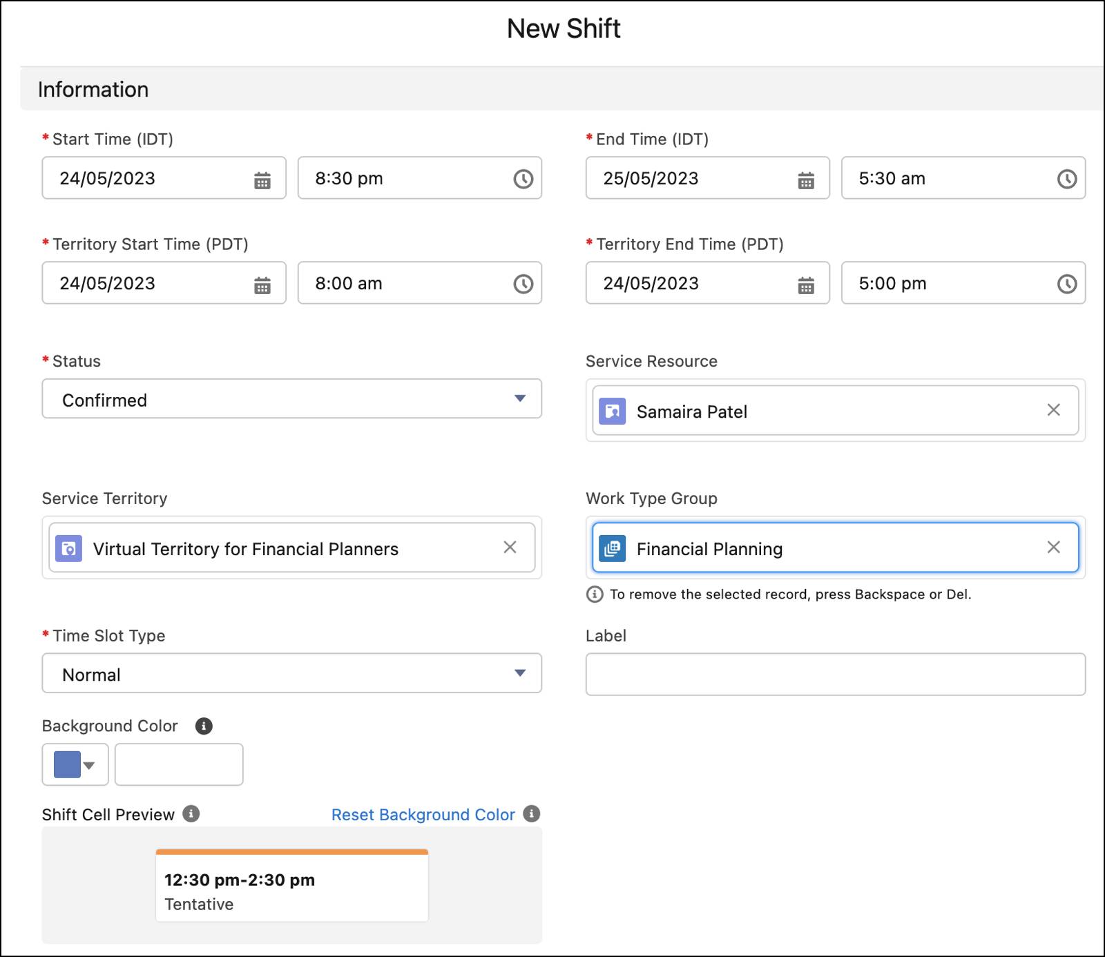 The New Shift page with the shift details entered.