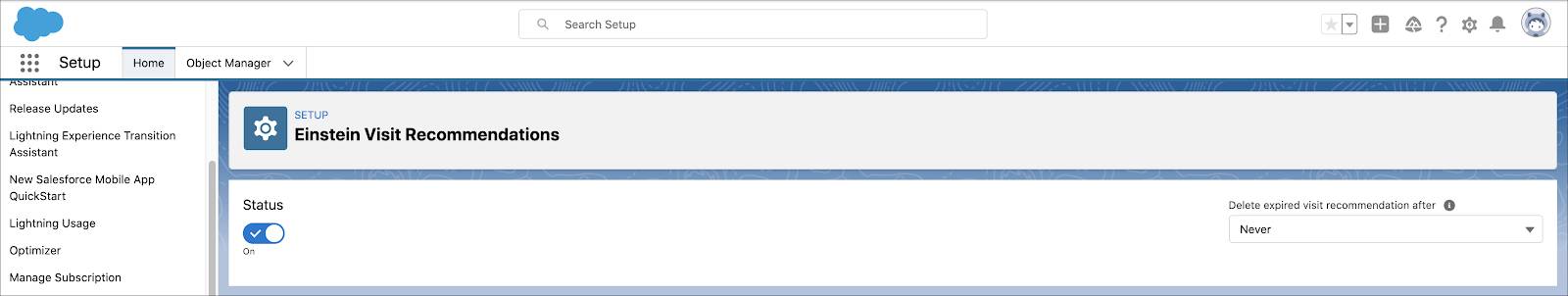 The Einstein Visit Recommendations page in Setup showing Einstein Visit Recommendations enabled
