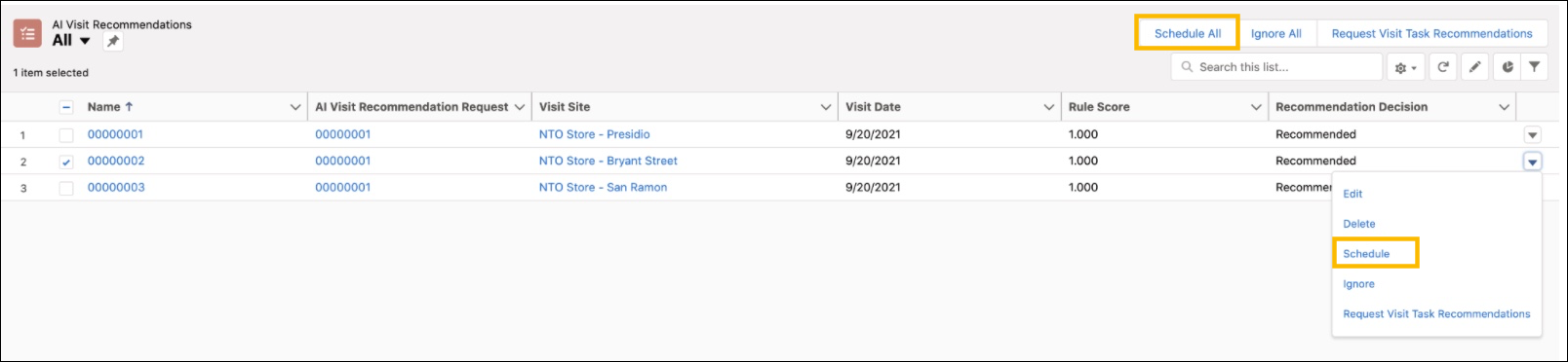 The AI Visit Recommendations page showing the options to schedule one or more recommended visits.