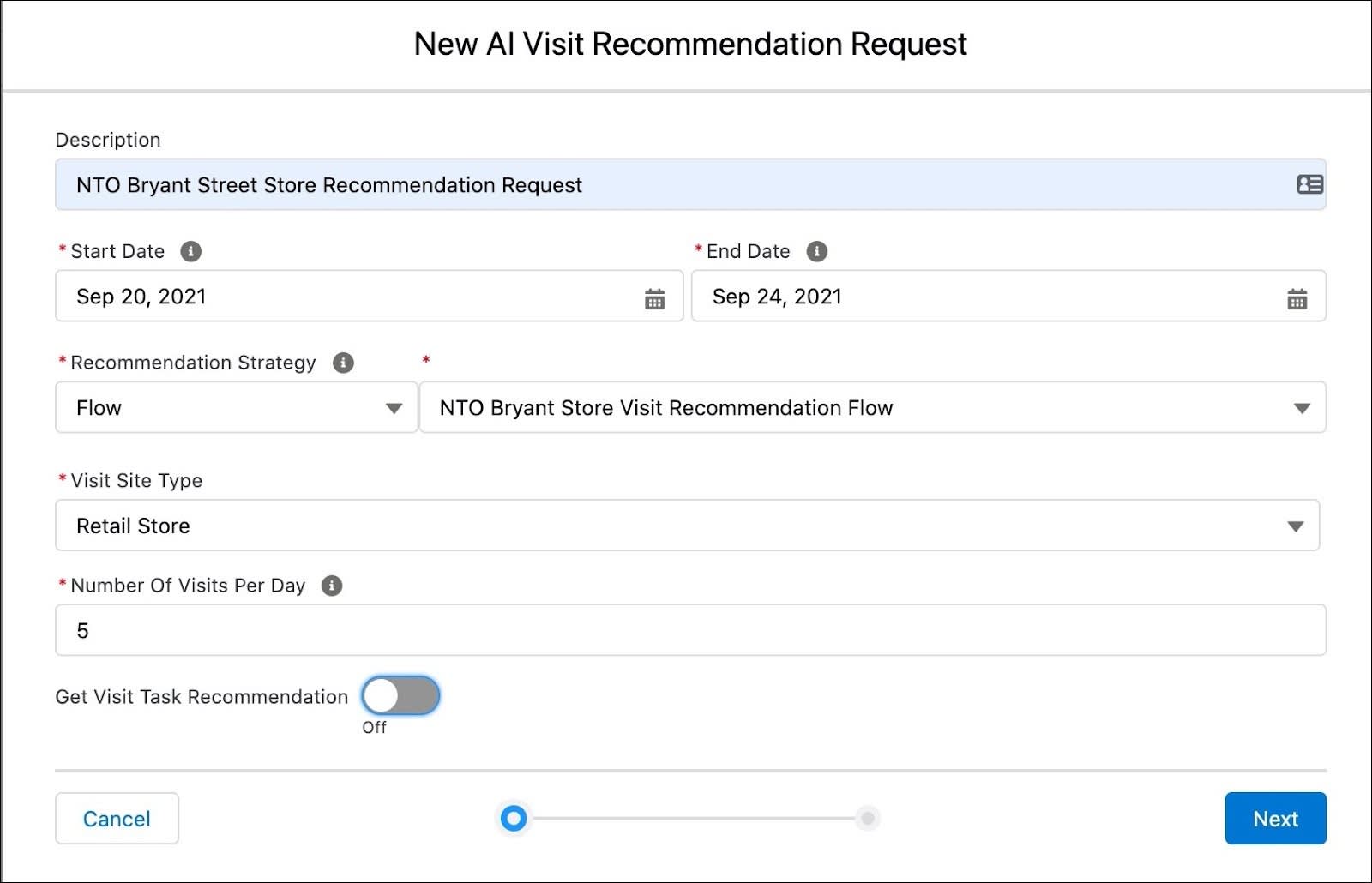 The New AI Visit Recommendation Request window showing the details for a new visit recommendation request.
