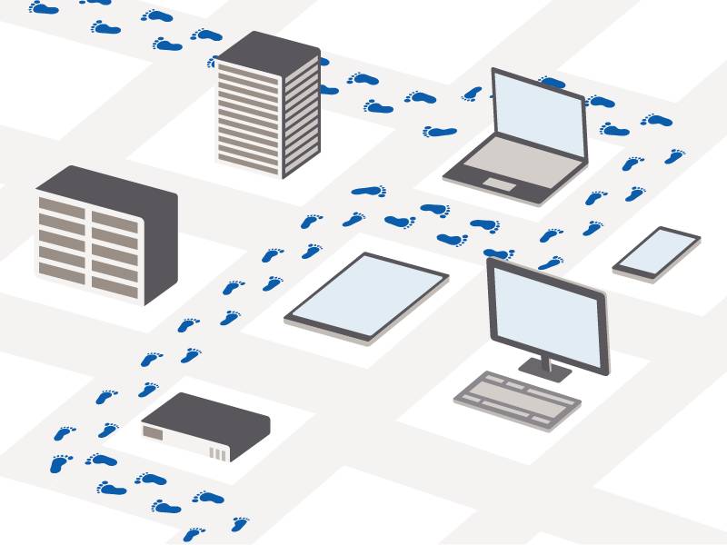 Footprints winding their way through computer assets.