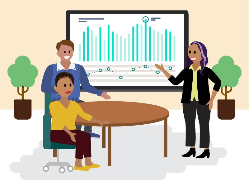 A vulnerability analyst explains a report with graphs symbolizing reporting on metrics.