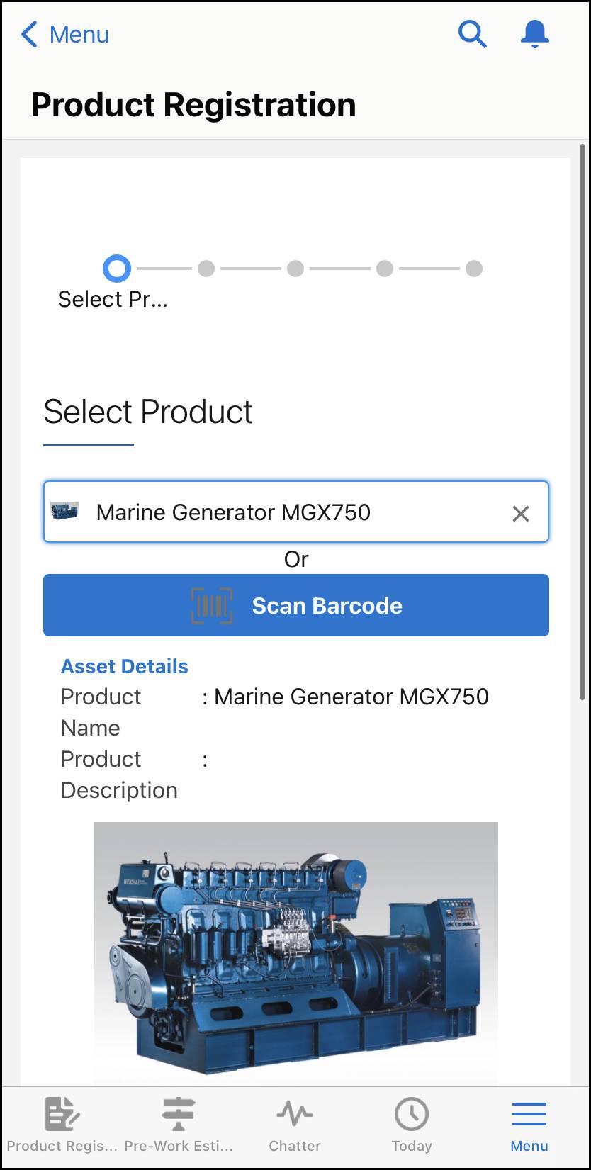 The Select Product page in the Product Registration prebuilt app.