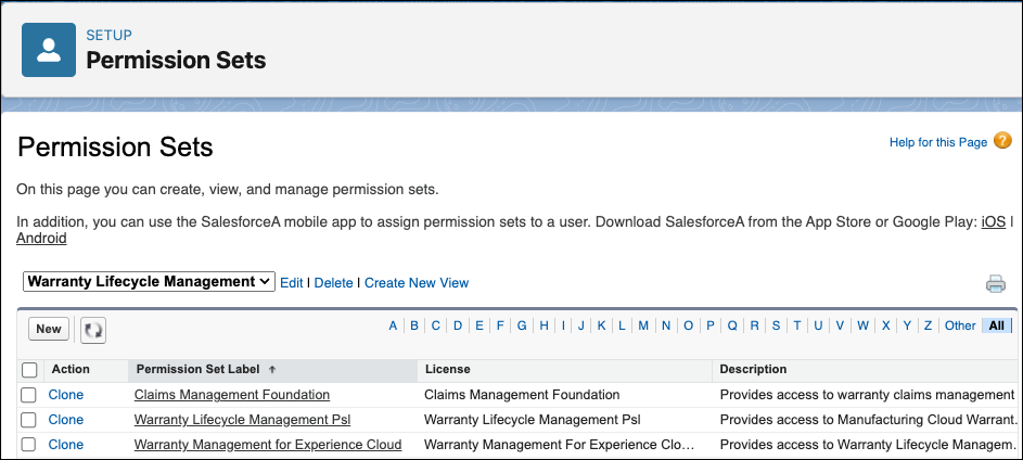 The permission sets for Warranty Lifecycle Management on the Permission Sets page in Setup.