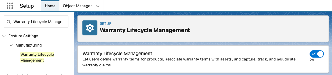[Setup (設定)] の [Warranty Lifecycle Management (保証ライフサイクル管理)] 設定ページ。
