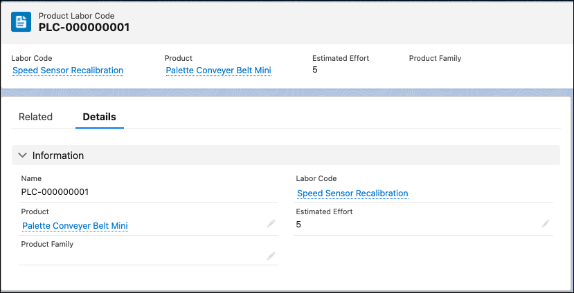 A product labor code showing the code set, its associated product family, and estimated effort.