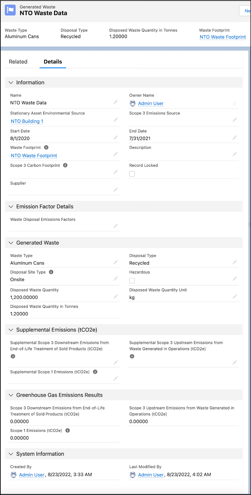 主要な項目が表示されている発生廃棄物レコード。
