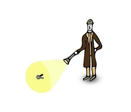 懐中電灯の光で鍵を探す人の画像
