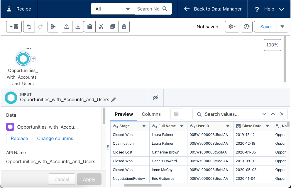 O editor de receitas mostrando uma visualização do conjunto de dados Opportunities_with_Accounts_and_Users.