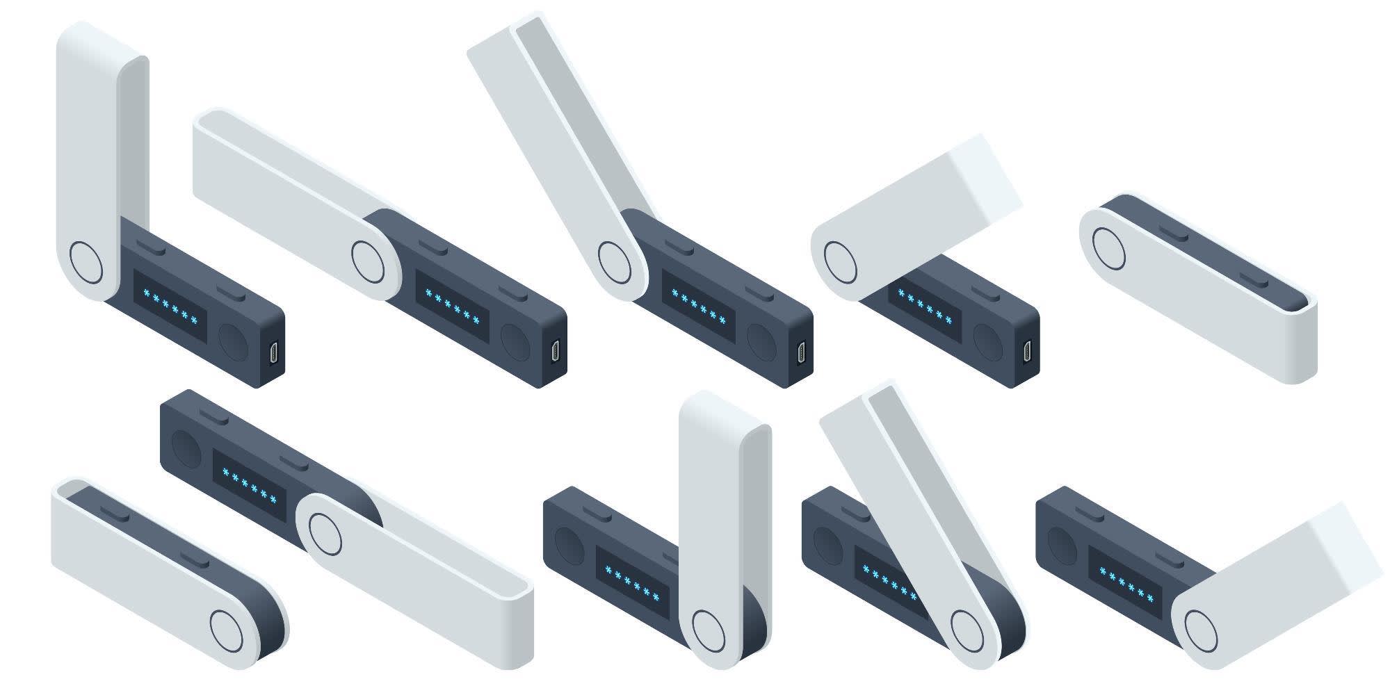 Illustration of multiple hardware wallets, as small as a thumb drive with a rotating metal protector