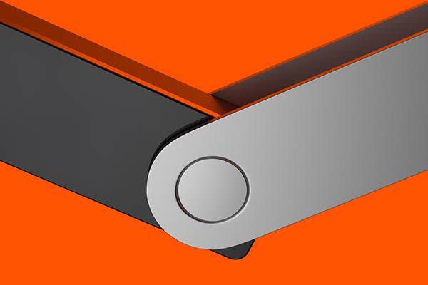 Closeup of Ledger NanoX hardware wallet, open at the hinge.