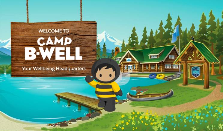 Schild 'Welcome to Camp B-Well' mit winkendem Astro und Camp-Blockhütte im Hintergrund