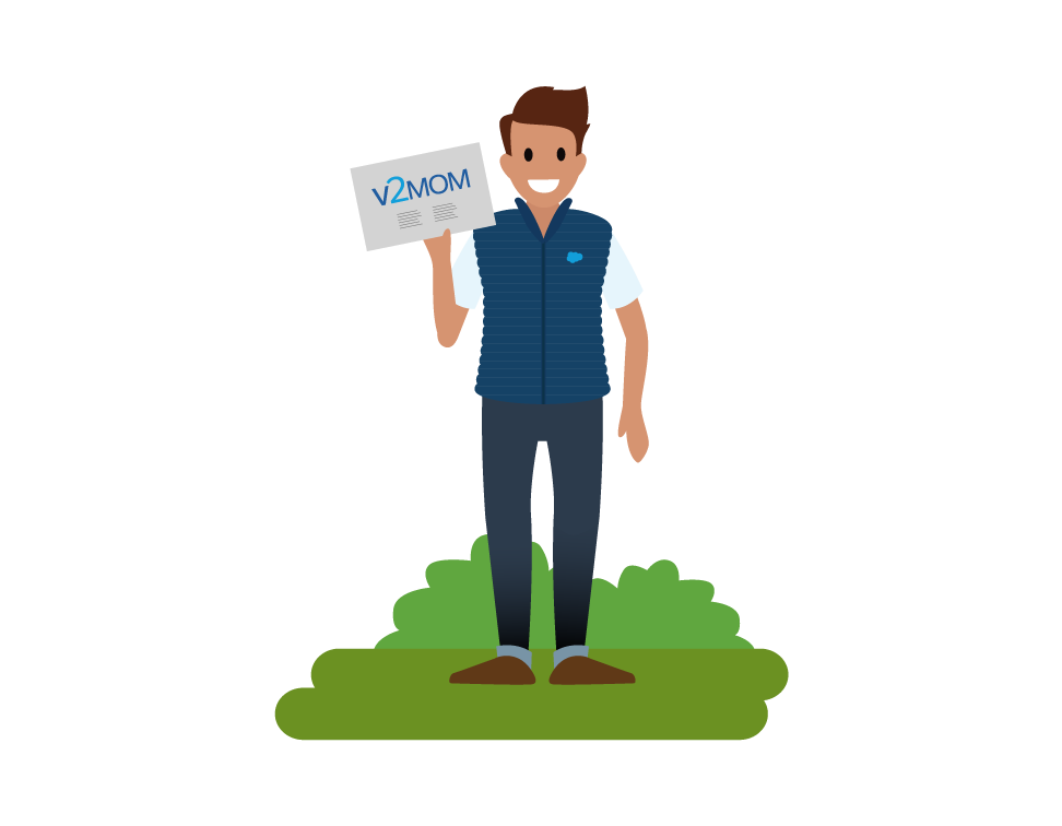 Image d’un employé tenant un V2MOM, un acronyme qui signifie Vision, Valeurs, Méthodes, Obstacles et Mesures.